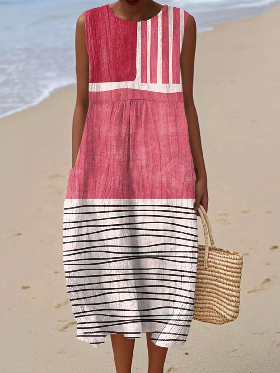 Women's Vintage Abstract Geometry Art Print Sleeveless Cotton Pocket Wrap Dress