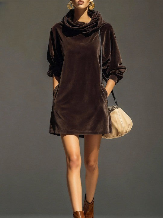 Vintage brown velvet hoodie, loose mini dress