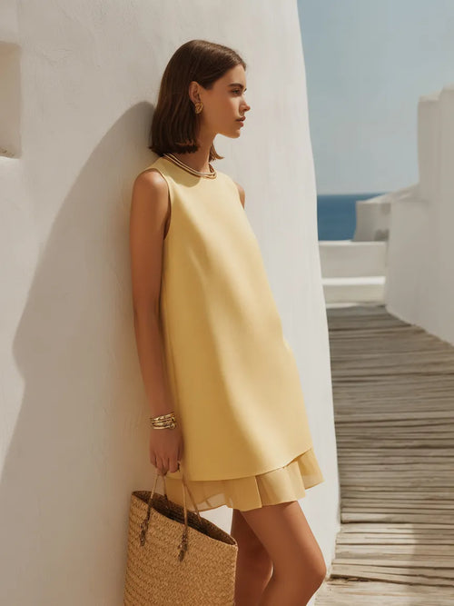 Minimal Resort Pale Yellow Linen Sleeveless Shift Mini Dress