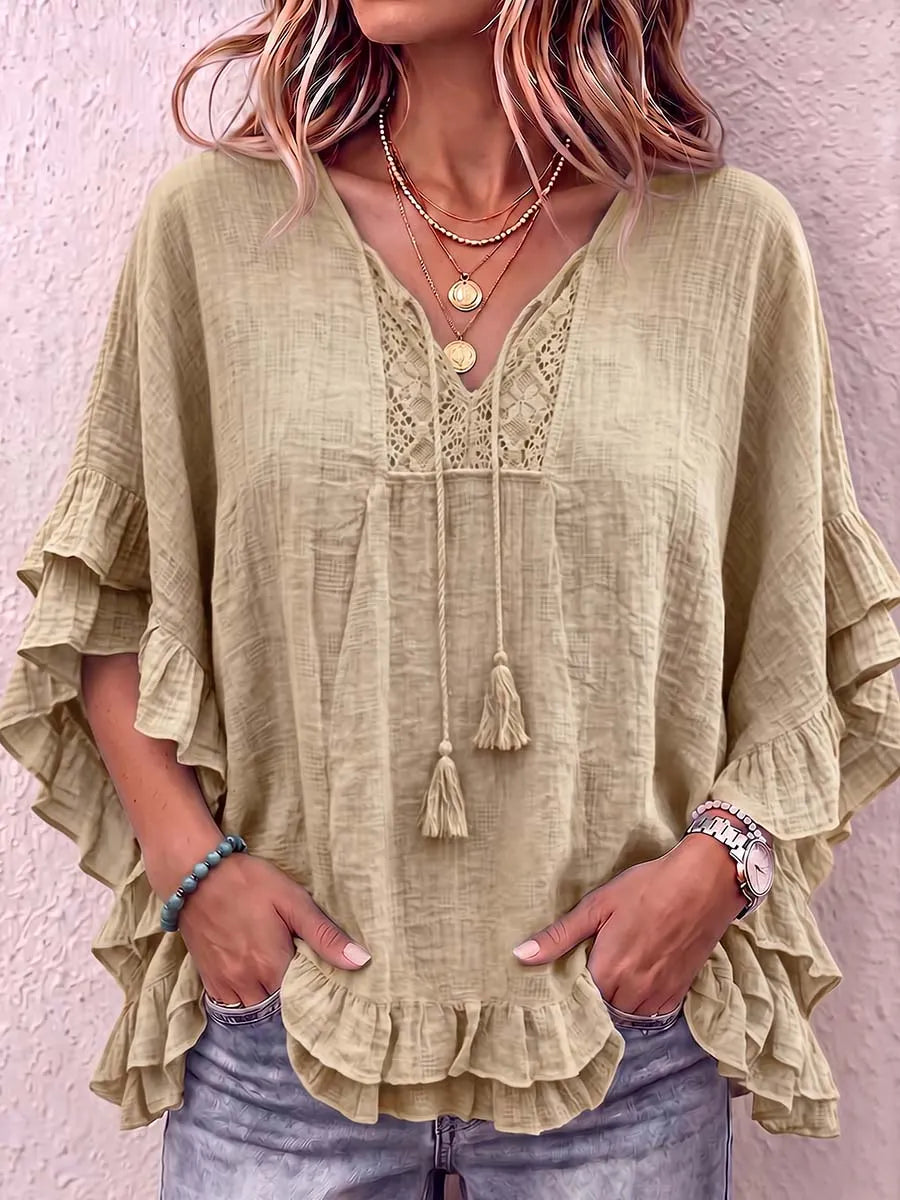 Women's V-neck Tie-waist 3/4 Sleeve Casual Loose Cotton Linen Top
