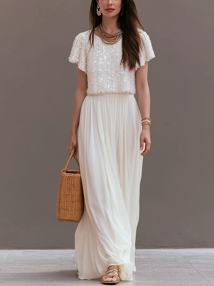 Exquisite Sequined Top And Flowing Chiffon Maxi Skirt