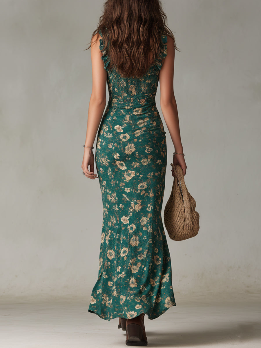 Boho Retro Ruffled Sleeves High Slit Maxi Dress