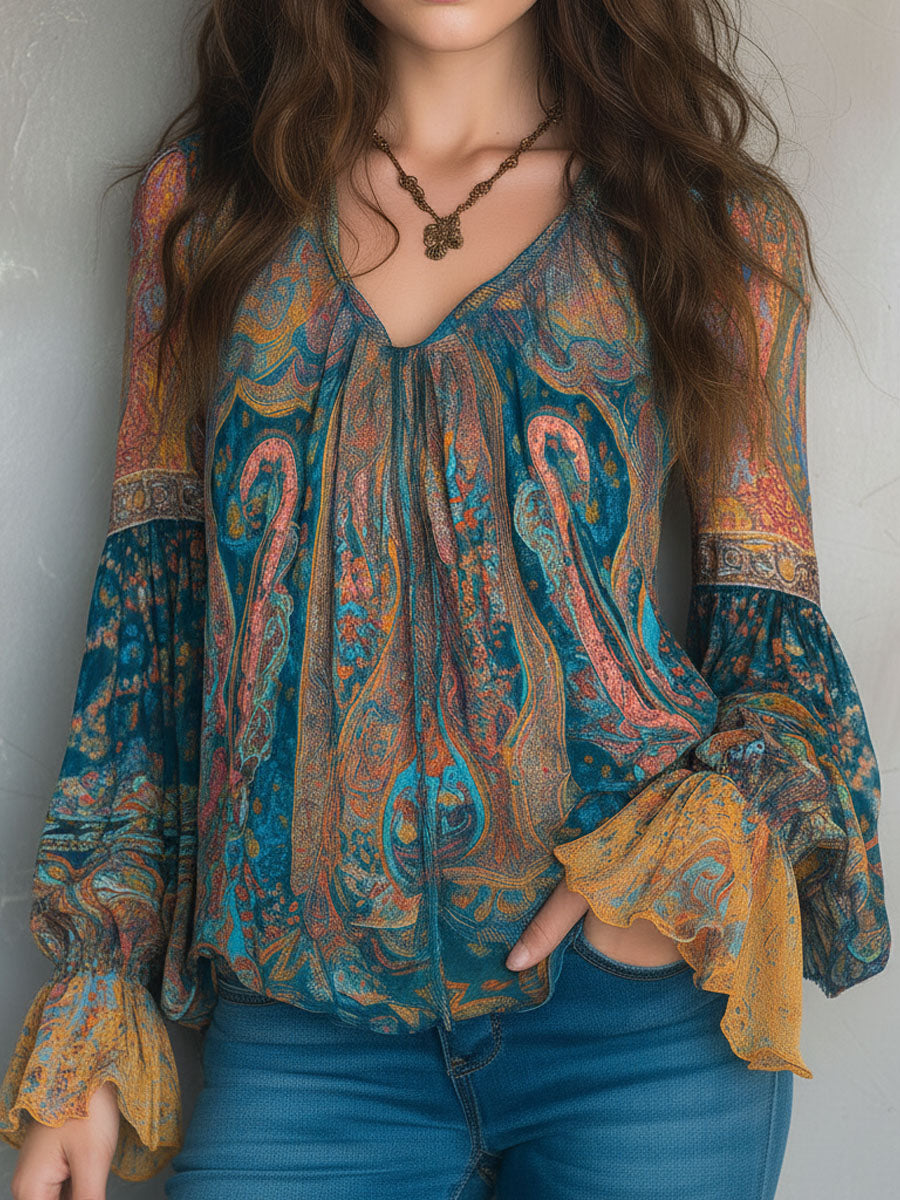Bohemian Teal & Amber Paisley Chiffon Blouse With Ruffled Cuffs