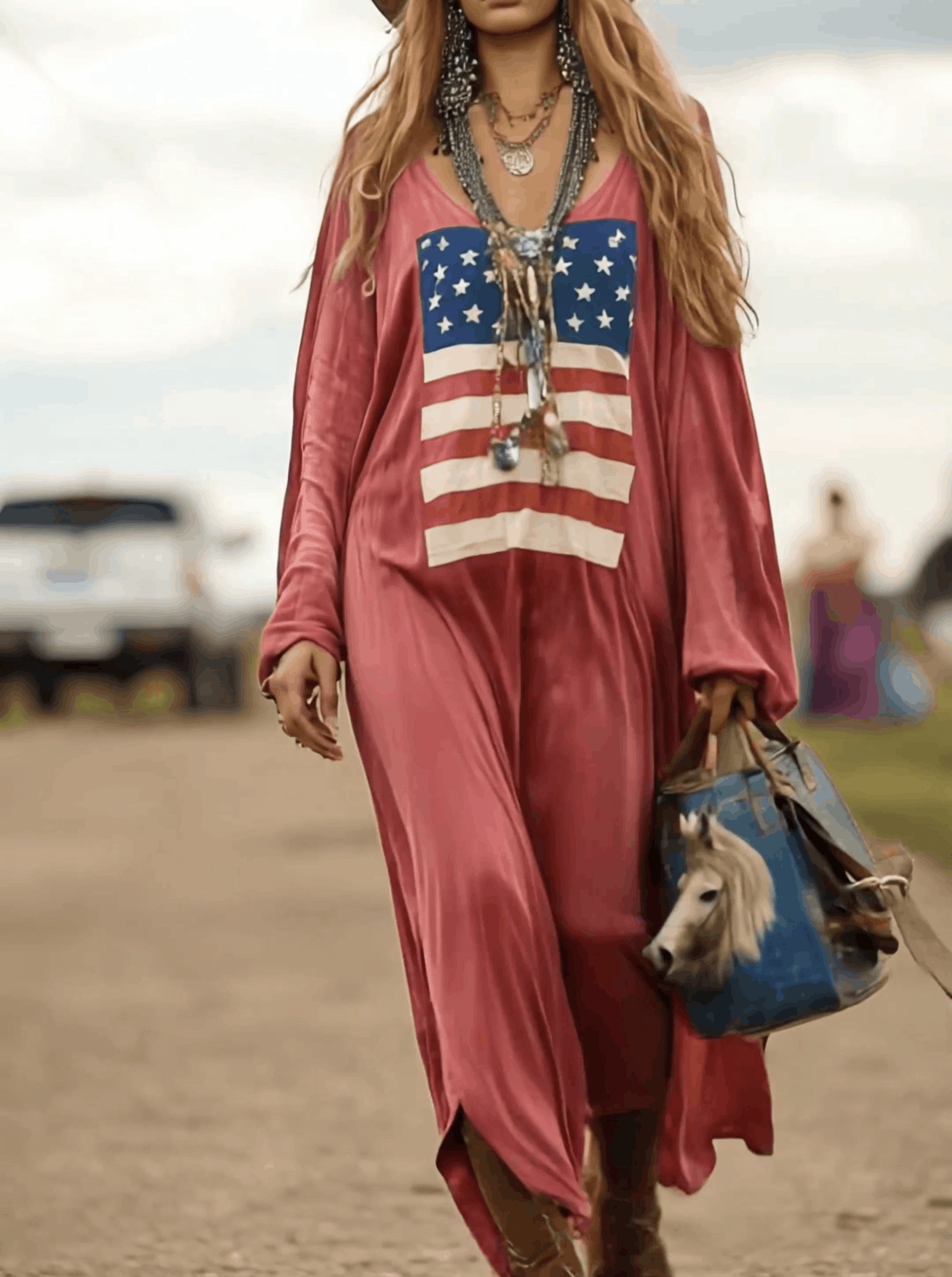 Vintage Casual Western Long Sleeve Flag Print Pink Cotton Loose Maxi Dress