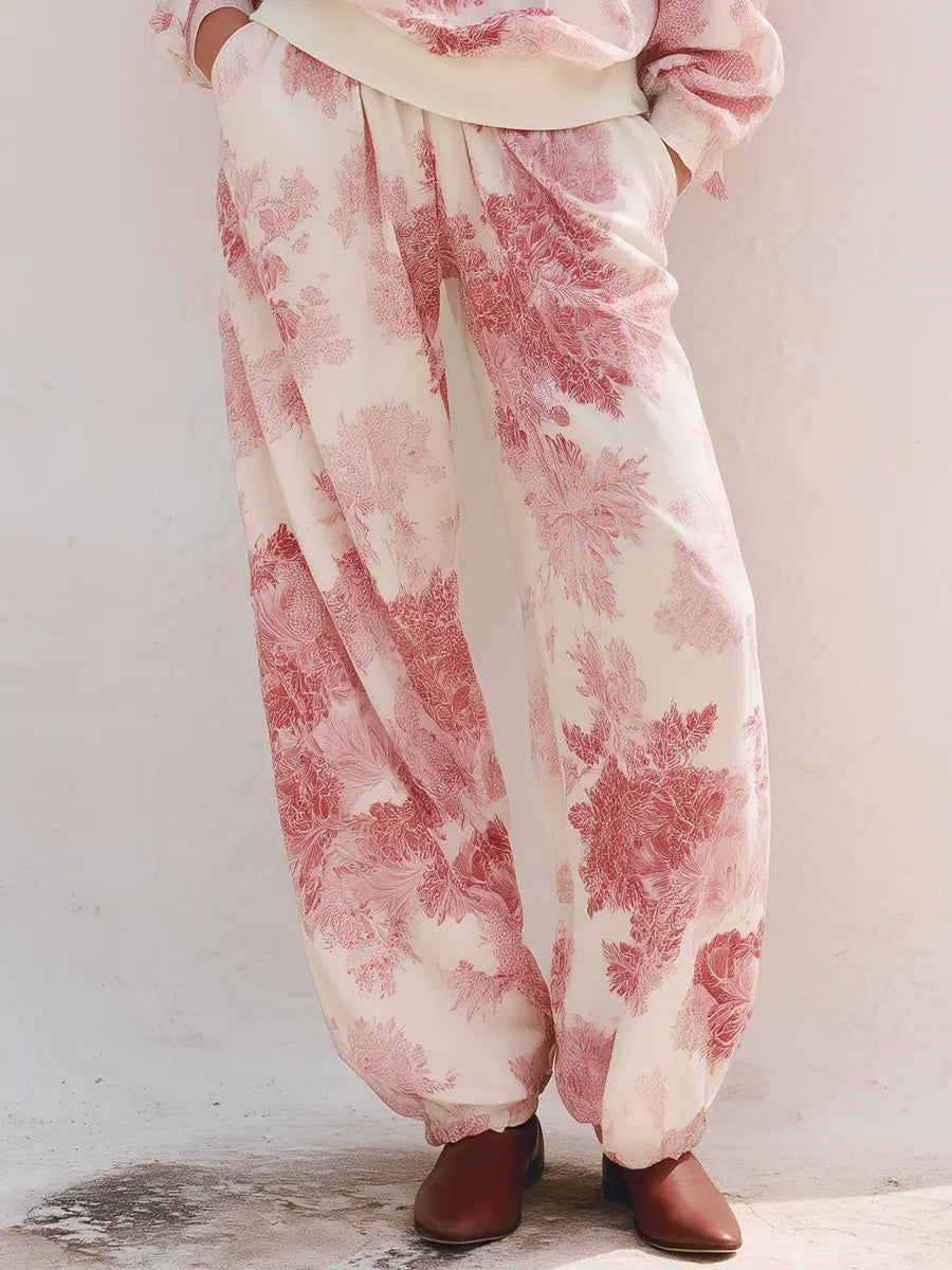 Romantic Ivory Pink Floral Off-Shoulder Two-Piece Set
