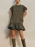 Oversized Cap Sleeve Cargo Ruffle Hem Sweat Mini Dress