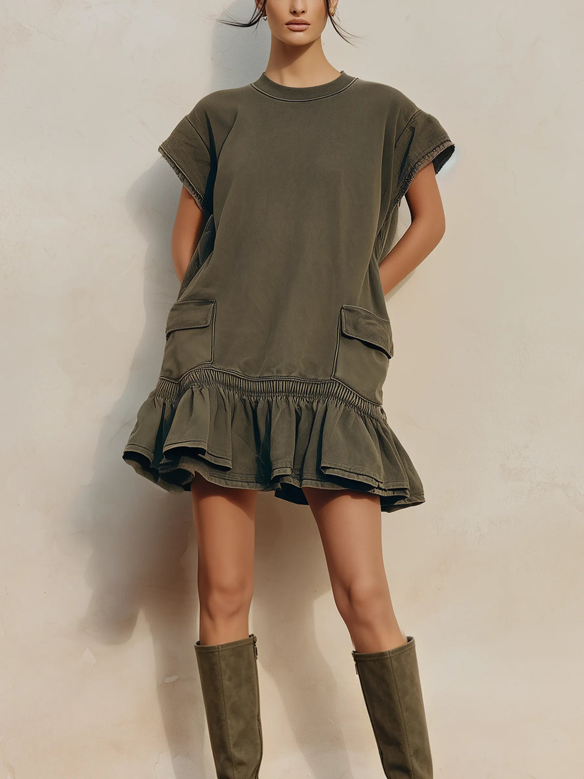 Oversized Cap Sleeve Cargo Ruffle Hem Sweat Mini Dress
