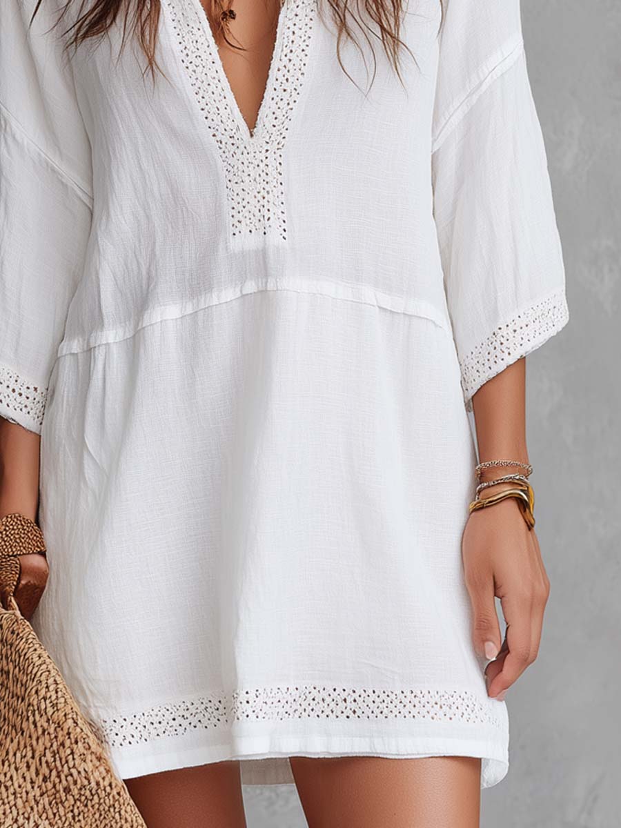 Vintage Lace Trim Draped Waistline Cotton Linen Mini Dress