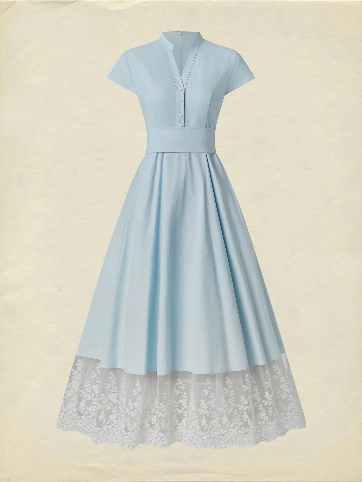 Maxi Cotton Dress , Short Sleeves, V Neck, Plain, Lace, French Vintage, Aqua blue