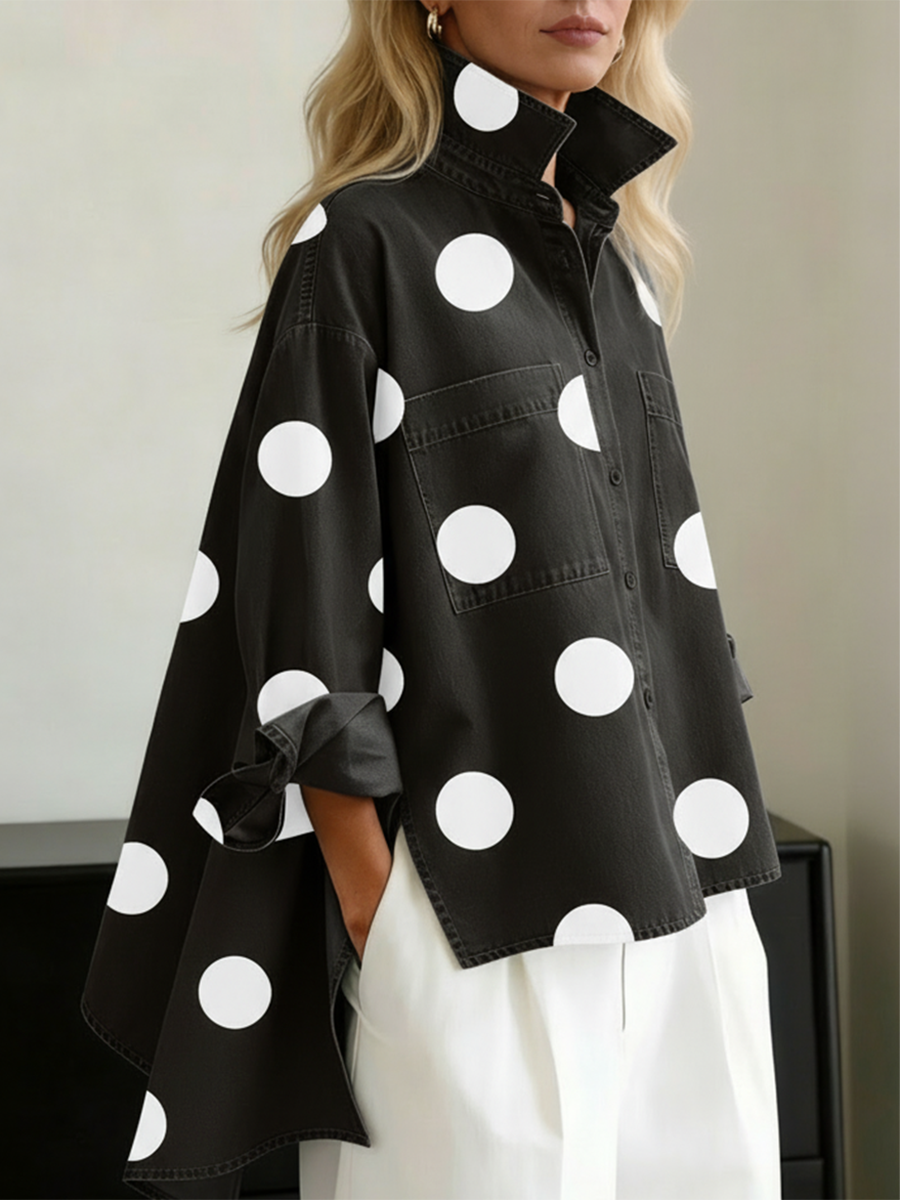 Elegant Artistic Polka Dot Print Stand-collar Denim Top