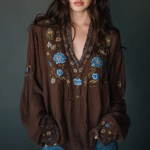 Women's Boho Floral Embroidered Art Print Flowy Linen Blend Casual Tops