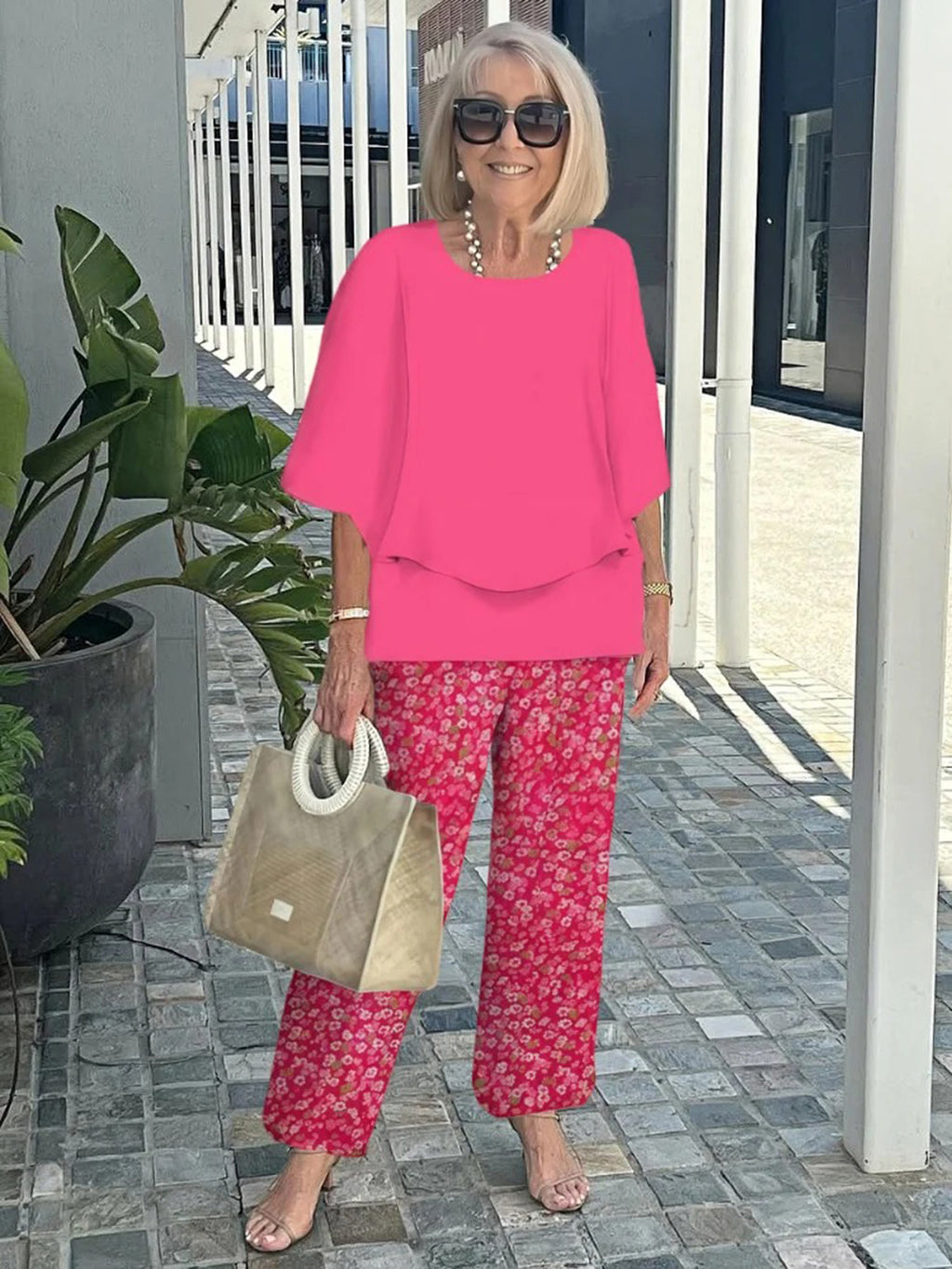 Casual Crew Neck Medium Sleeve Top Printed Floral Pants Set Two-piece Set