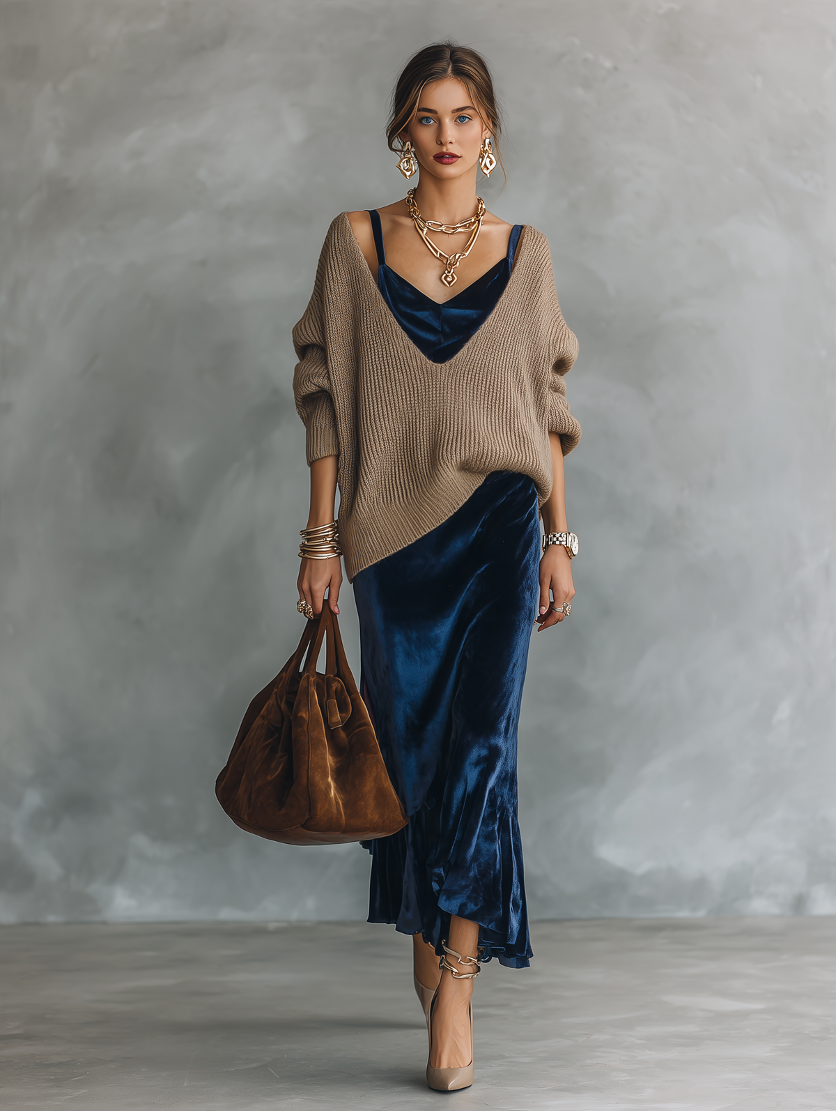 Layered Velvet Cowl Neck Slip Dress with Oversized Knit Sweater Set