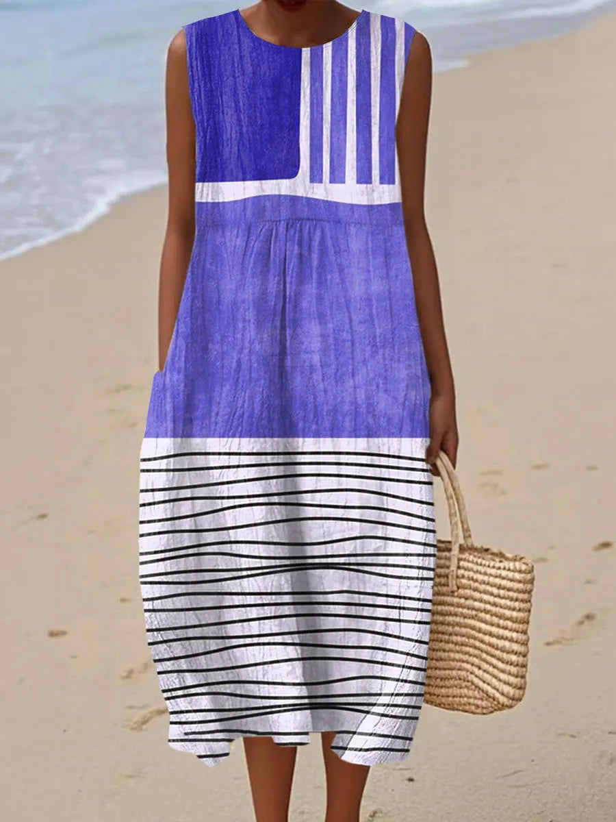 Women's Vintage Abstract Geometry Art Print Sleeveless Cotton Pocket Wrap Dress