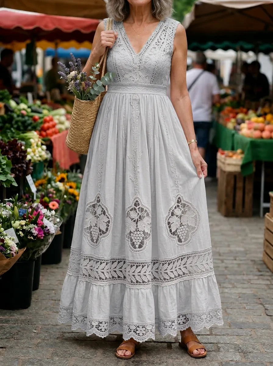 Women's Bohemian Floral Lace Cotton Linen Maxi Dress