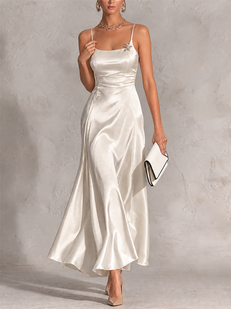 Elegant Ivory Satin Cropped Jacket & Maxi Dress Set
