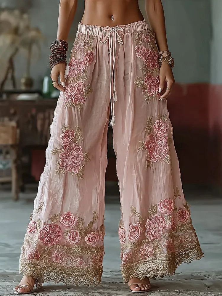 Boho Pink Roses Embroidered Flowy Comfy Linen Pants