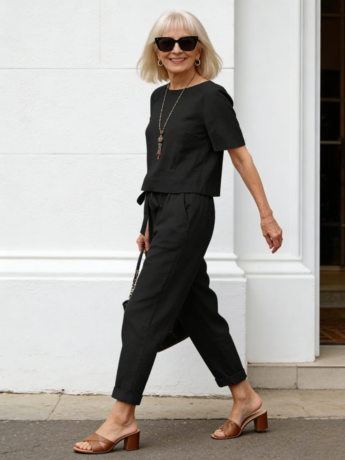 2Pcs Summer Fashion Solid Color Short-Sleeved Trousers Two-Piece Suit (Including Belt)