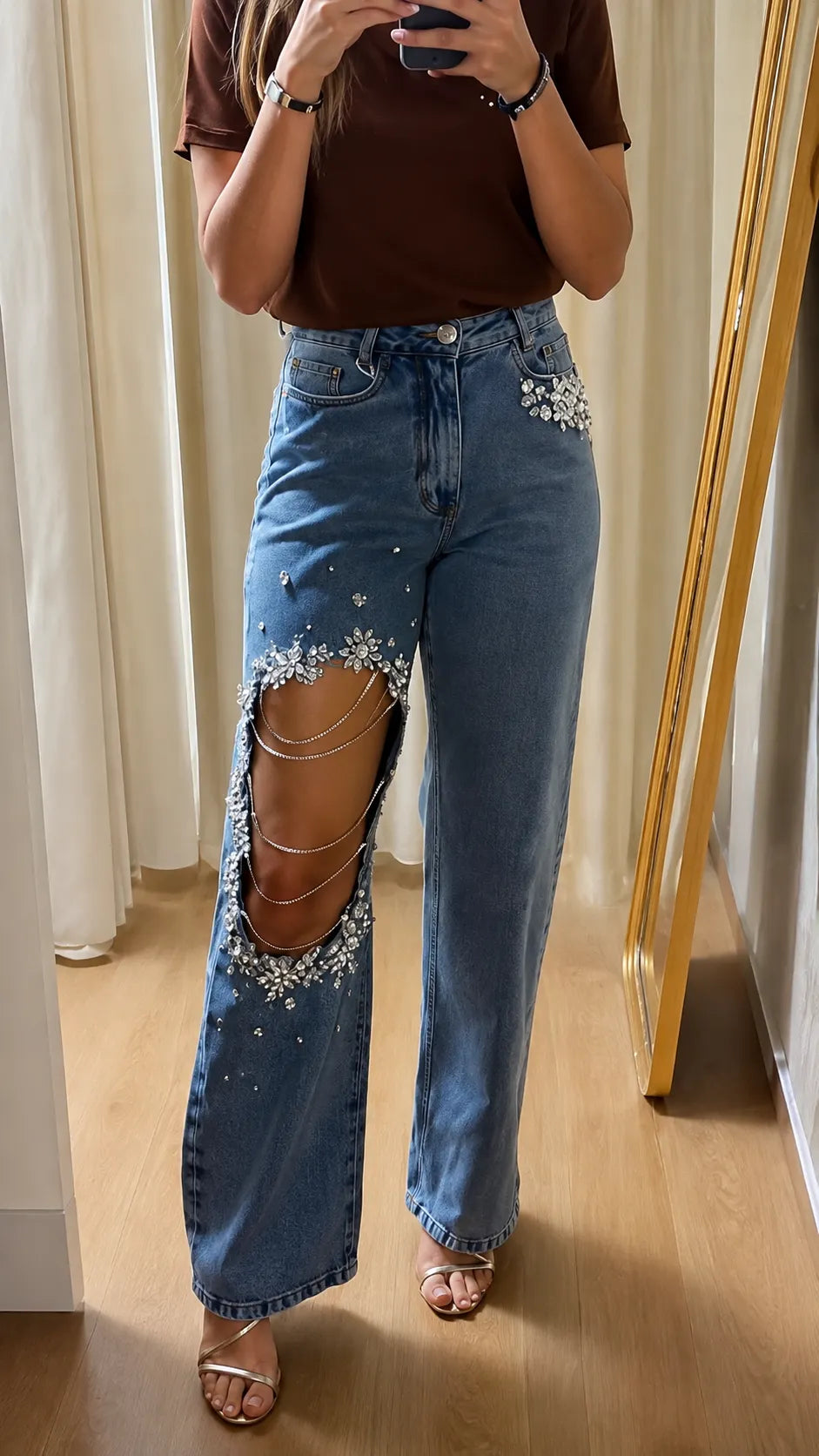 Rhinestone Floral Cut‐Out Chain Wide‐Leg Jeans