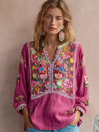 Women's Vintage Flower Embroidery V-neck Long Sleeve Linen Blend Blouse