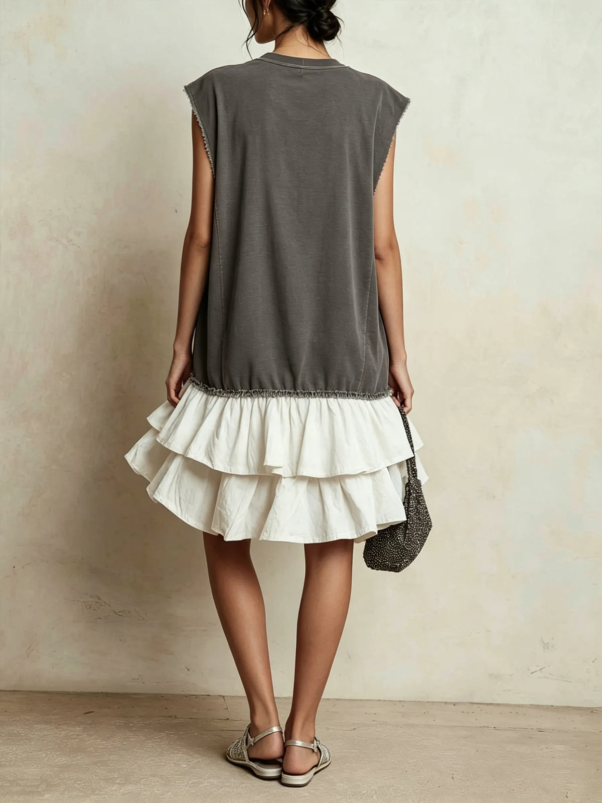 Contrast Raw Edge Tiered Ruffle Hem Sleeveless Mini Dress | Color Block Casual Loose Fit Vacation Dress