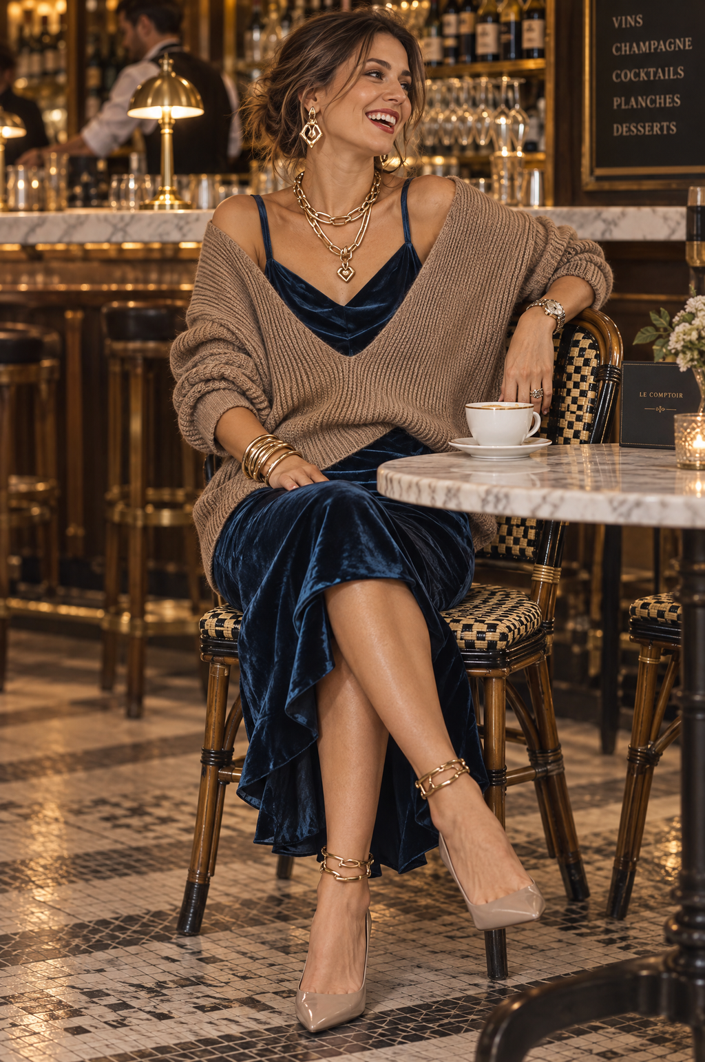 Layered Velvet Cowl Neck Slip Dress with Oversized Knit Sweater Set