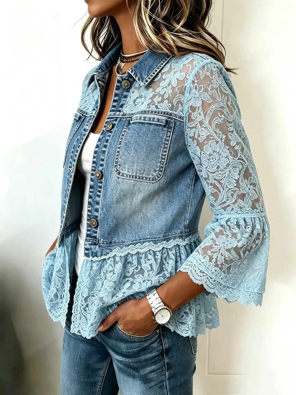 Women's Floral Lace Spliced Denim Short Jacket