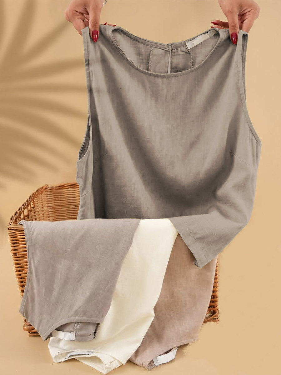 Women's Solid Color Round Neck Sleeveless Casual Linen Vest Top