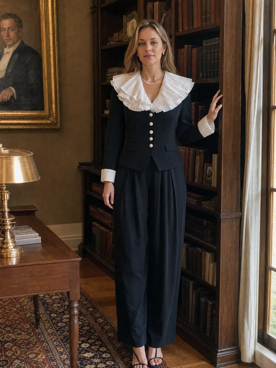 Romantic Black Pleated Ruffle Collar Balloon-Pants Set