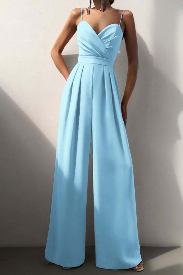 Cocoslly Chic Lilac Sweetheart Spaghetti Strap Sleeveless Pleated Long Wid-Leg Jumpsuit