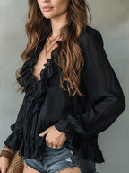 Romantic Bohemian Ruffle Trim V-Neck Lightweight Black Blouse