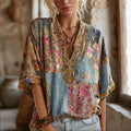 Three-dimensional Embroidery Rare Item Flower Vintage Tie-dye V-neck Short-sleeved Shirt