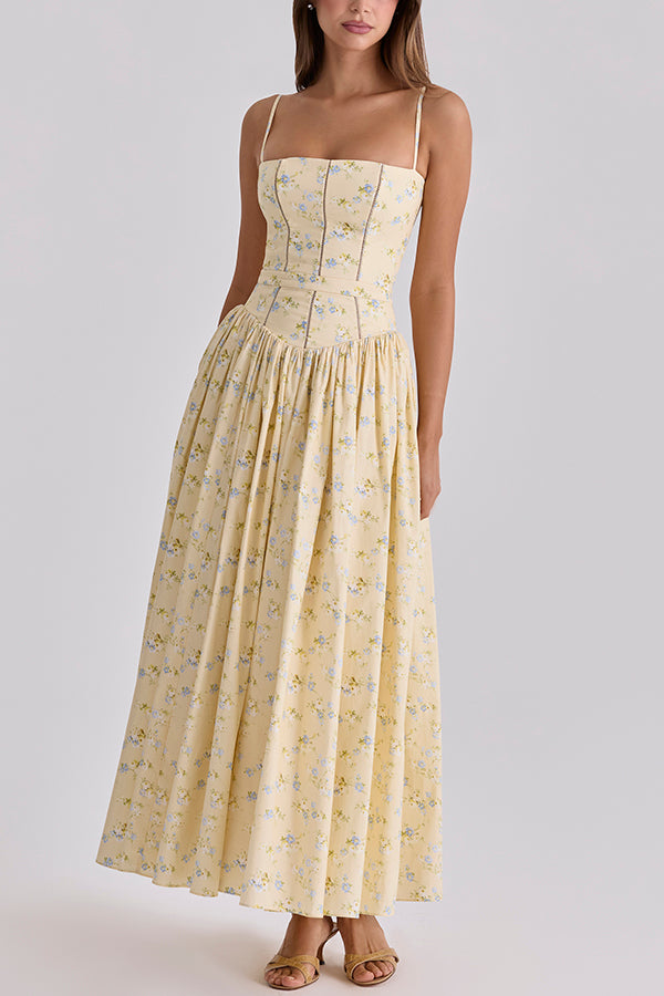 Romantic Countryside Stretch Cotton Blend Floral Print Cutout Trim Slip Midi Dress