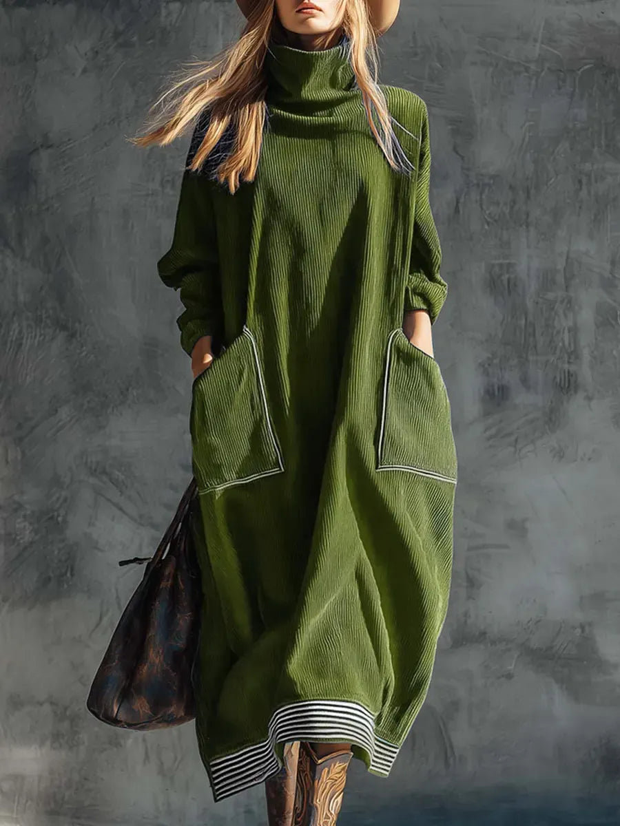 Women's Solid Color High Neck Long Sleeve Casual Loose Pocket Dress