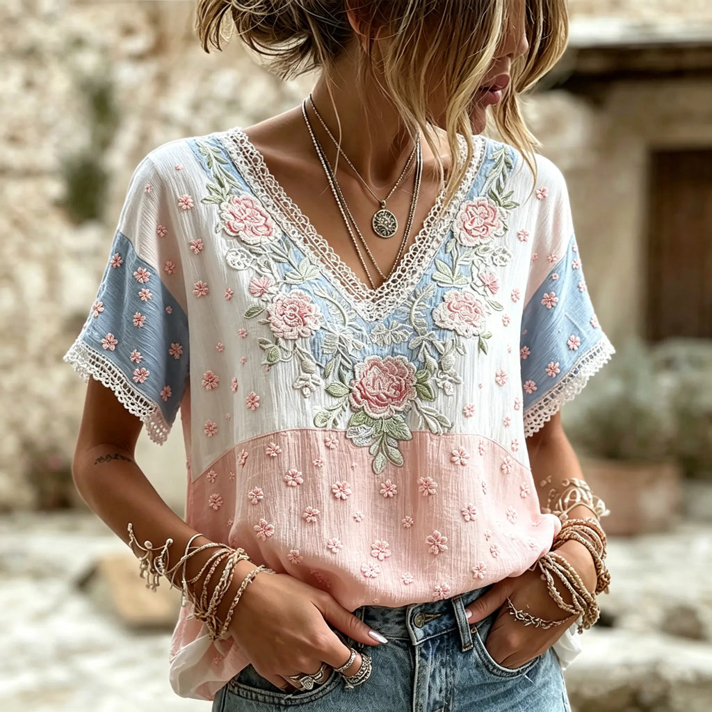 Women's Retro Bohemian Style Floral Print Color Block Cotton Linen Comfortable V-neck T-shirt