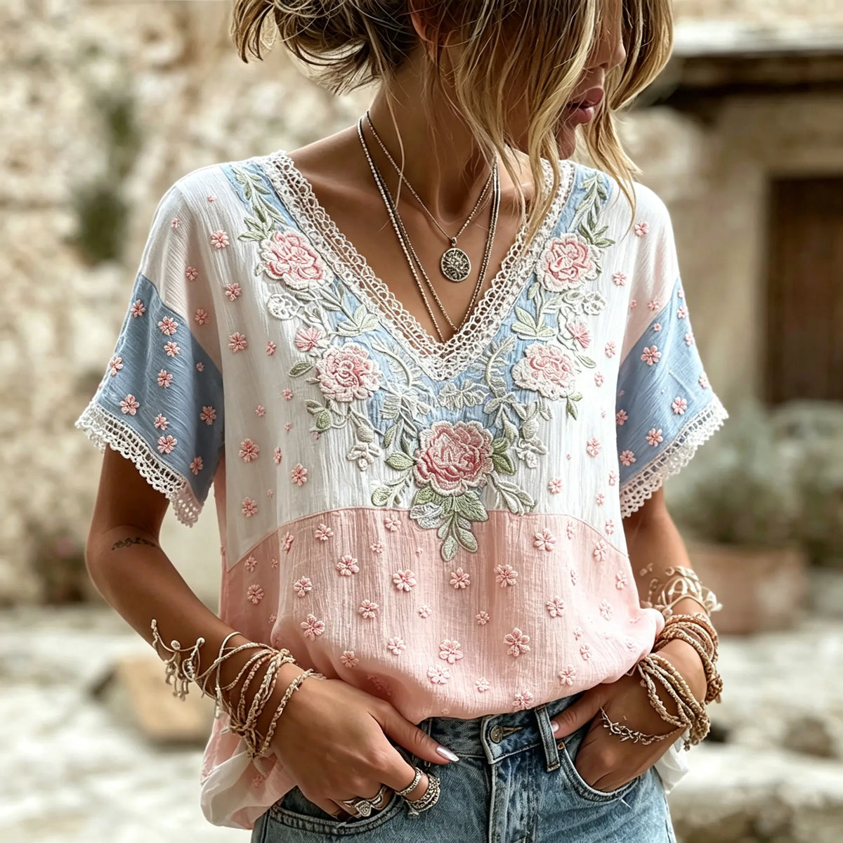 Women's Retro Bohemian Style Floral Print Color Block Cotton Linen Comfortable V-neck T-shirt