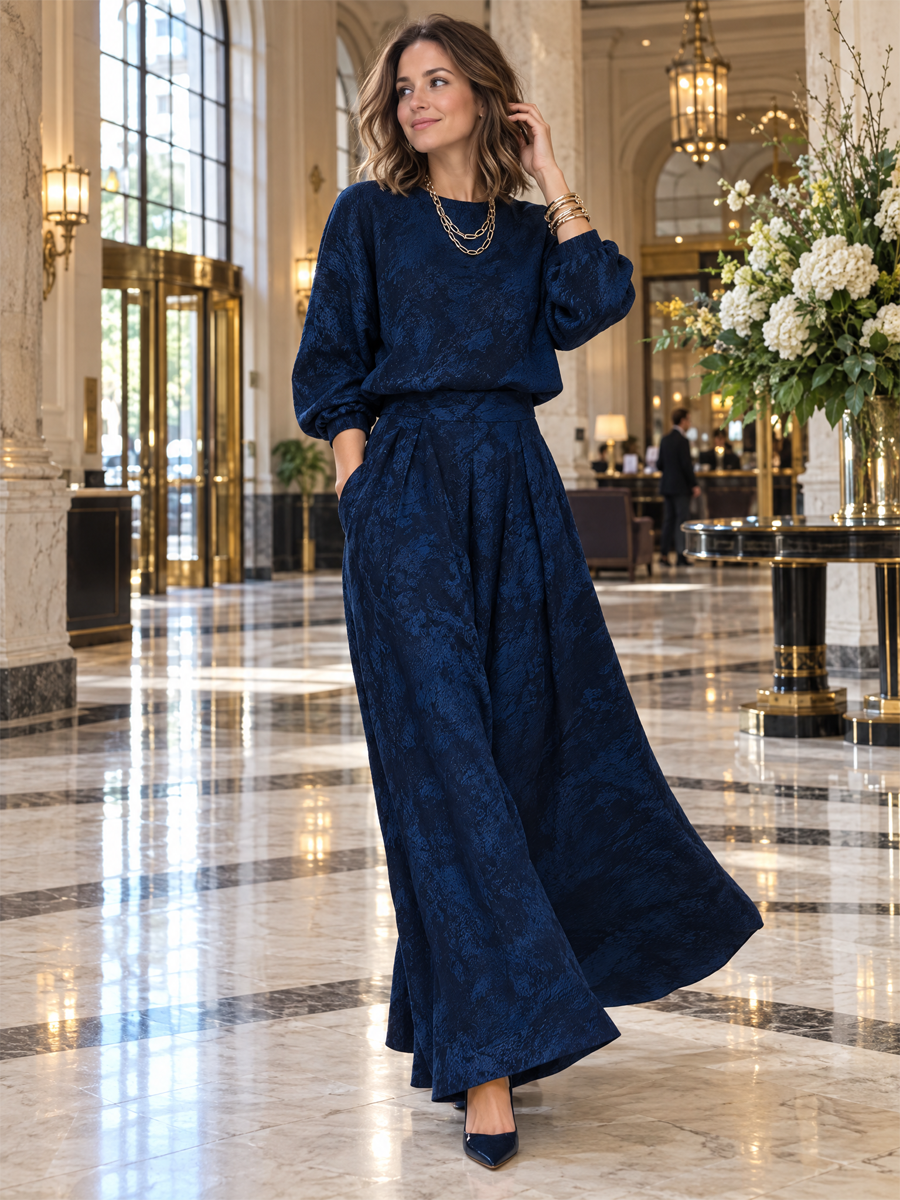 Navy Blue Textured Lantern Sleeve Top And Skirt Set