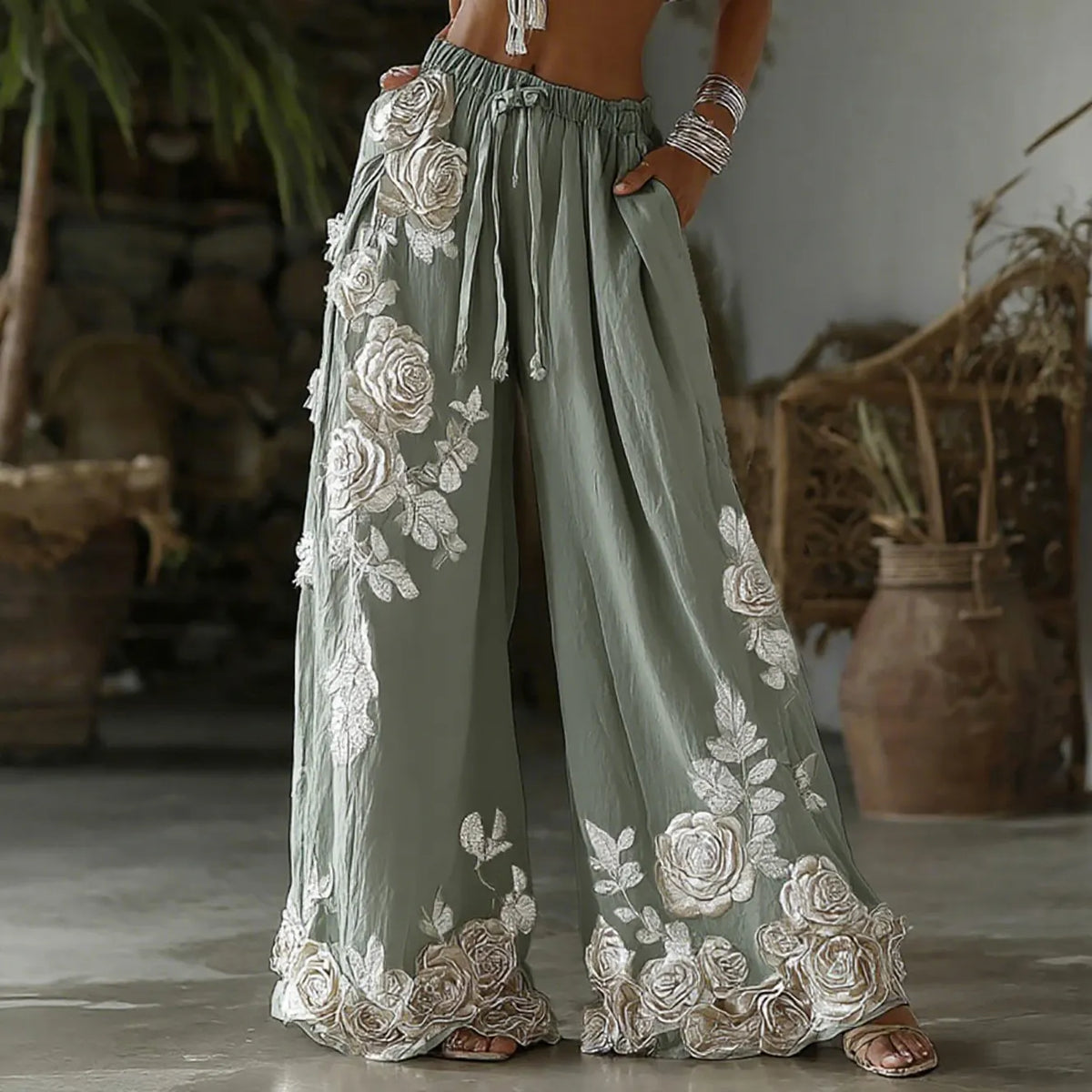 Women's Retro Floral Embroidery Art Casual Linen Pants