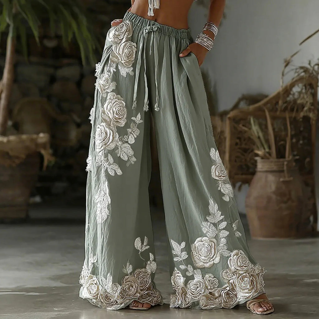 Women's Retro Floral Embroidery Art Casual Linen Pants