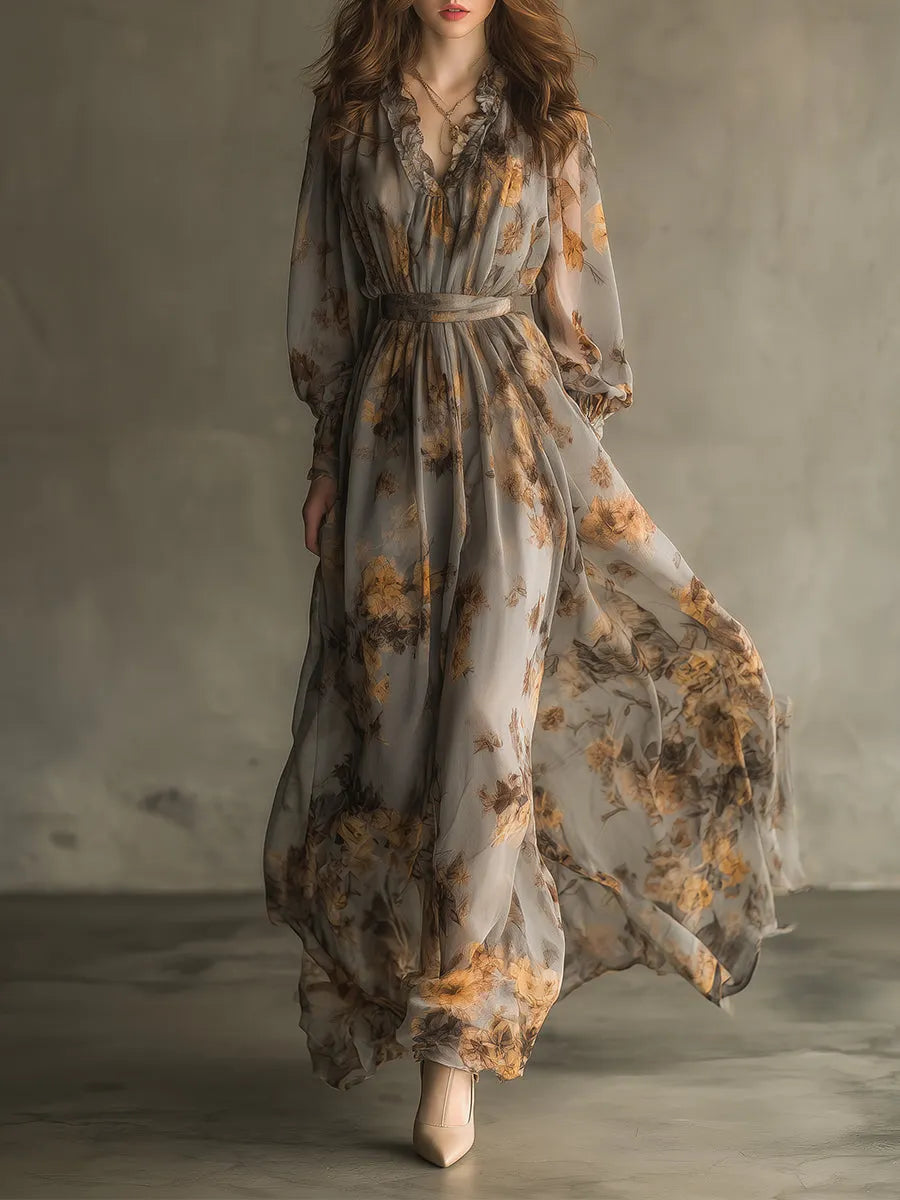 Bohemian Retro Floral Chiffon Ruffle Neckline Maxi Dress