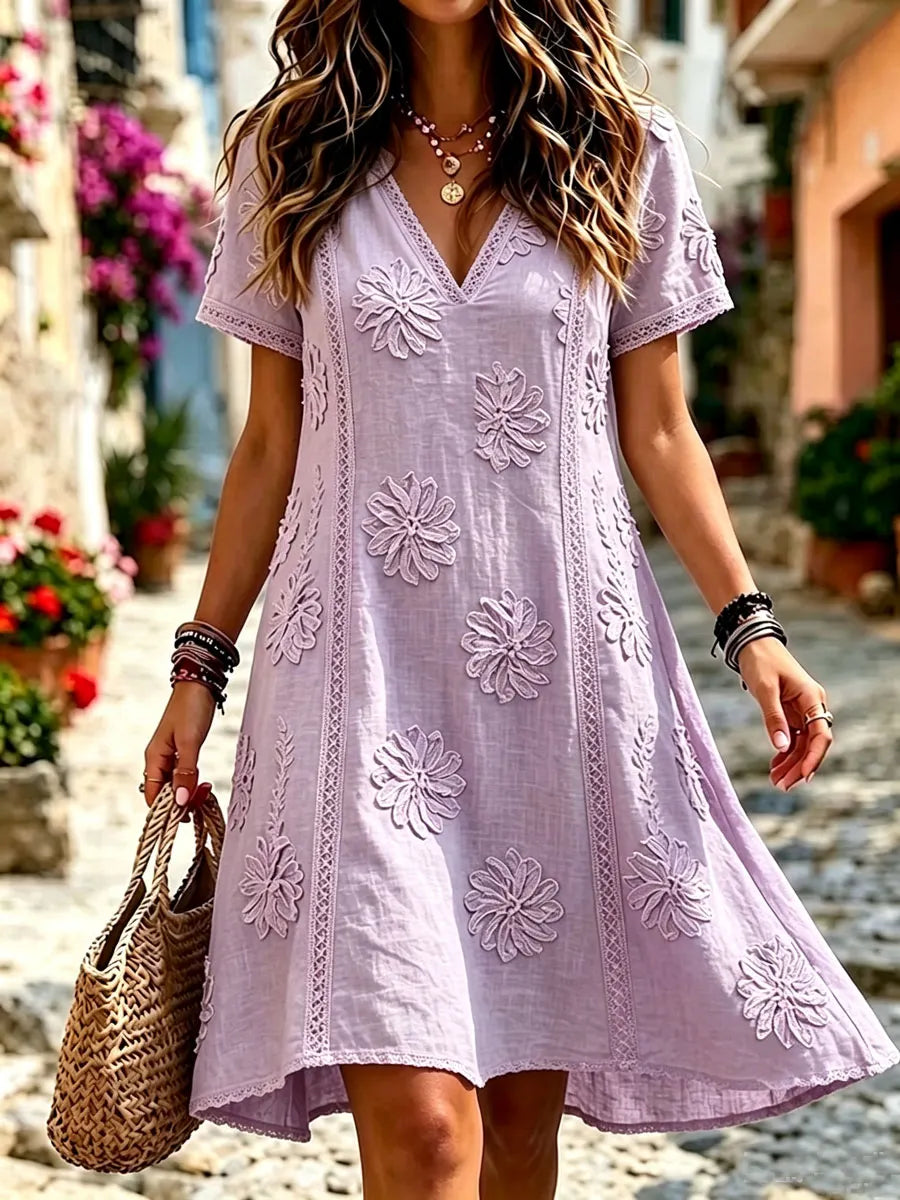 Women'S Cotton And Linen Casual Vacation Lace  Printed Dress