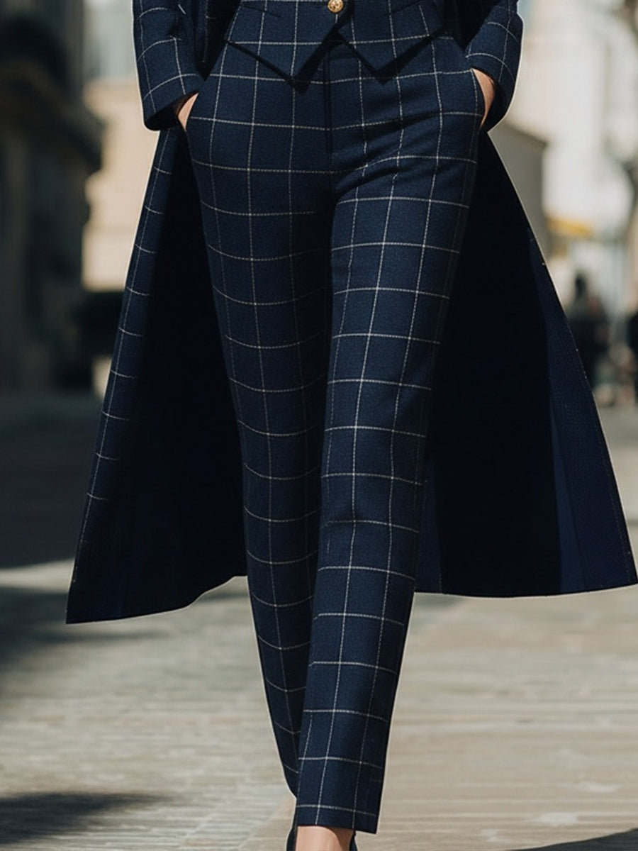 Navy Checkered Three-Piece Suit With Long Coat