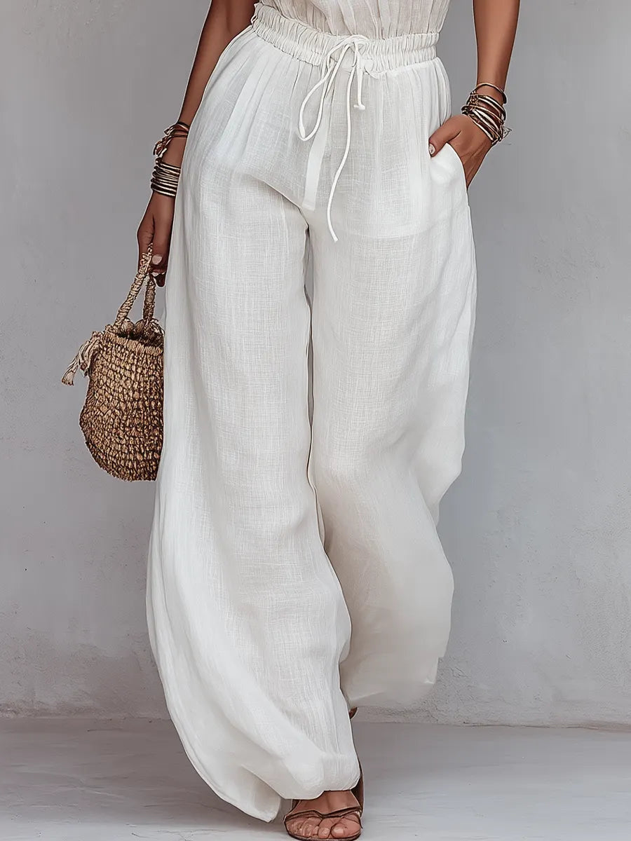 Lightweight White Drawstring Waist Wide-Leg Set