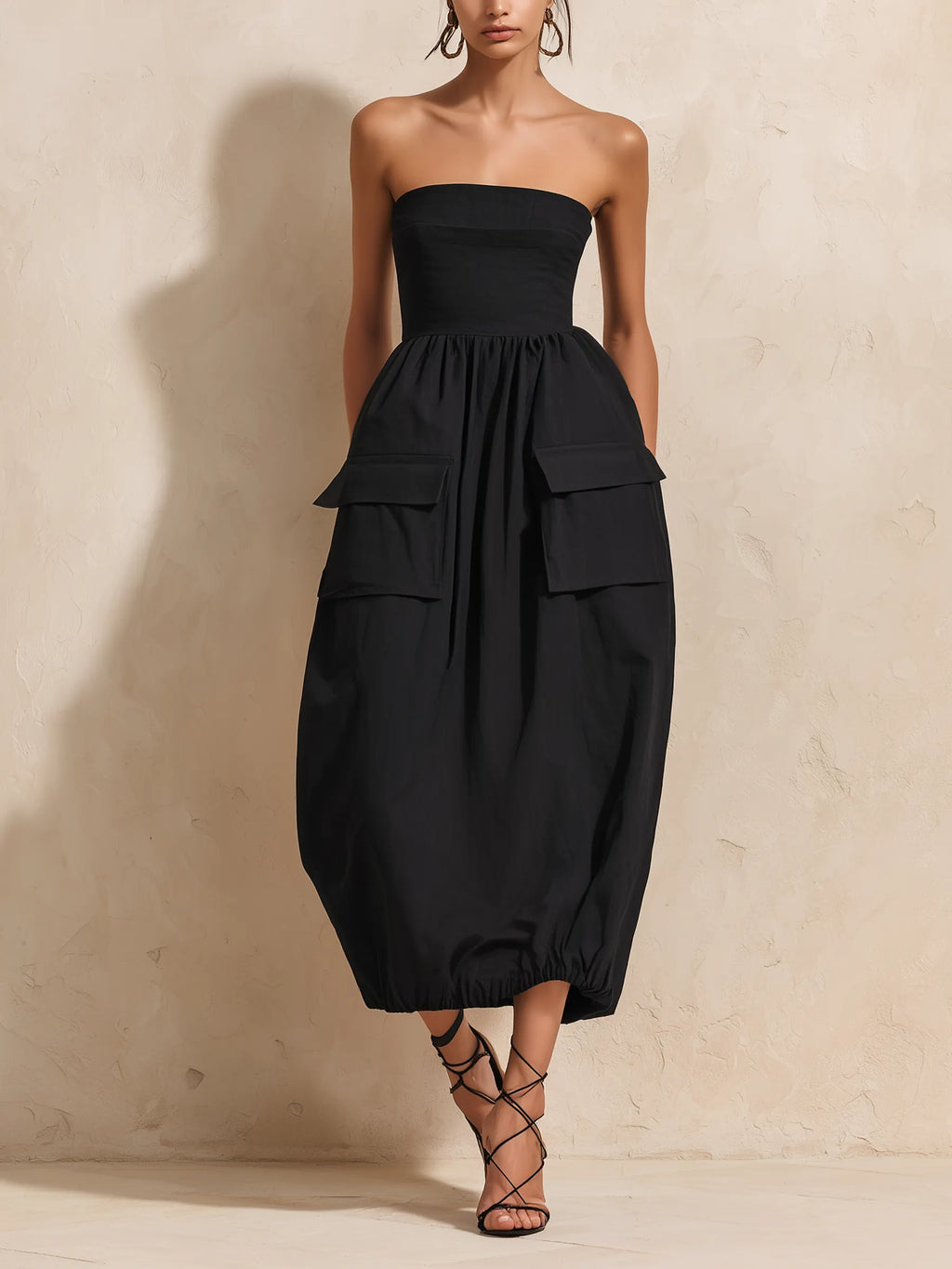 Strapless Big Cargo Pocket Bubble Hem Midi Dress, Casual High Waist Black Vacation Dress