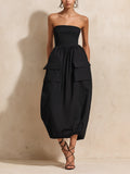 Strapless Big Cargo Pocket Bubble Hem Midi Dress, Casual High Waist Black Vacation Dress