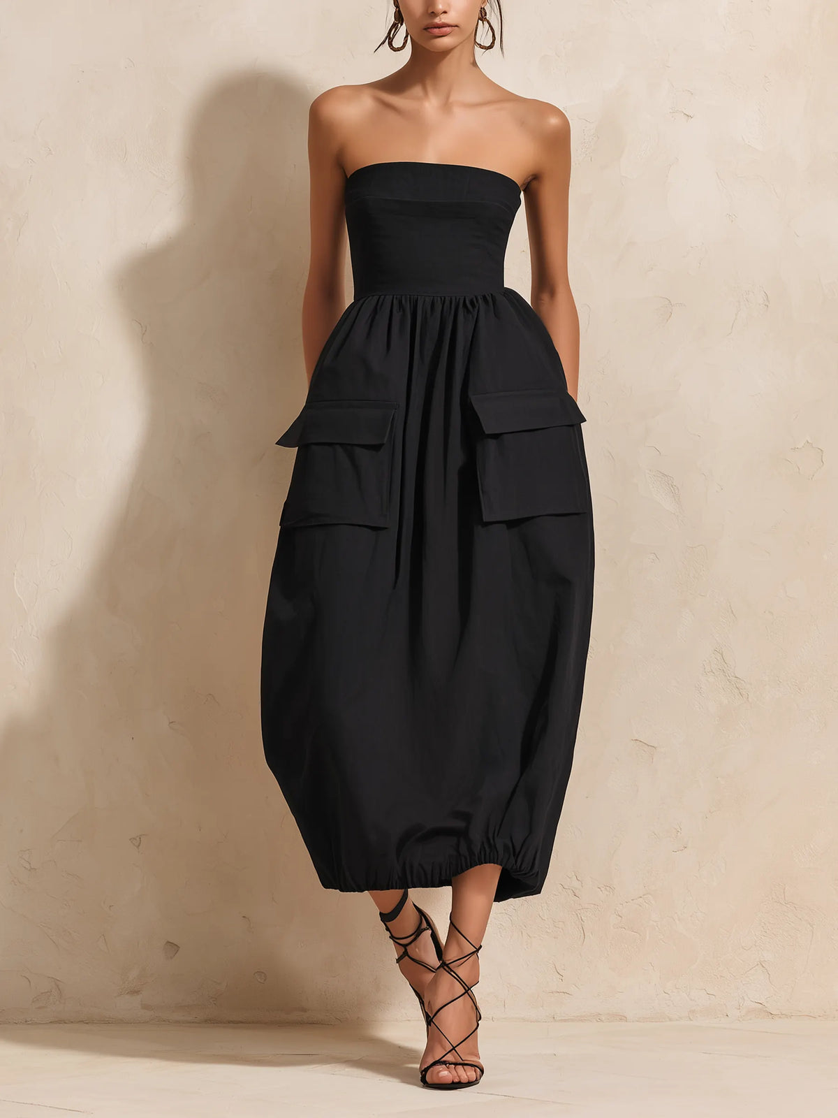 Strapless Big Cargo Pocket Bubble Hem Midi Dress, Casual High Waist Black Vacation Dress