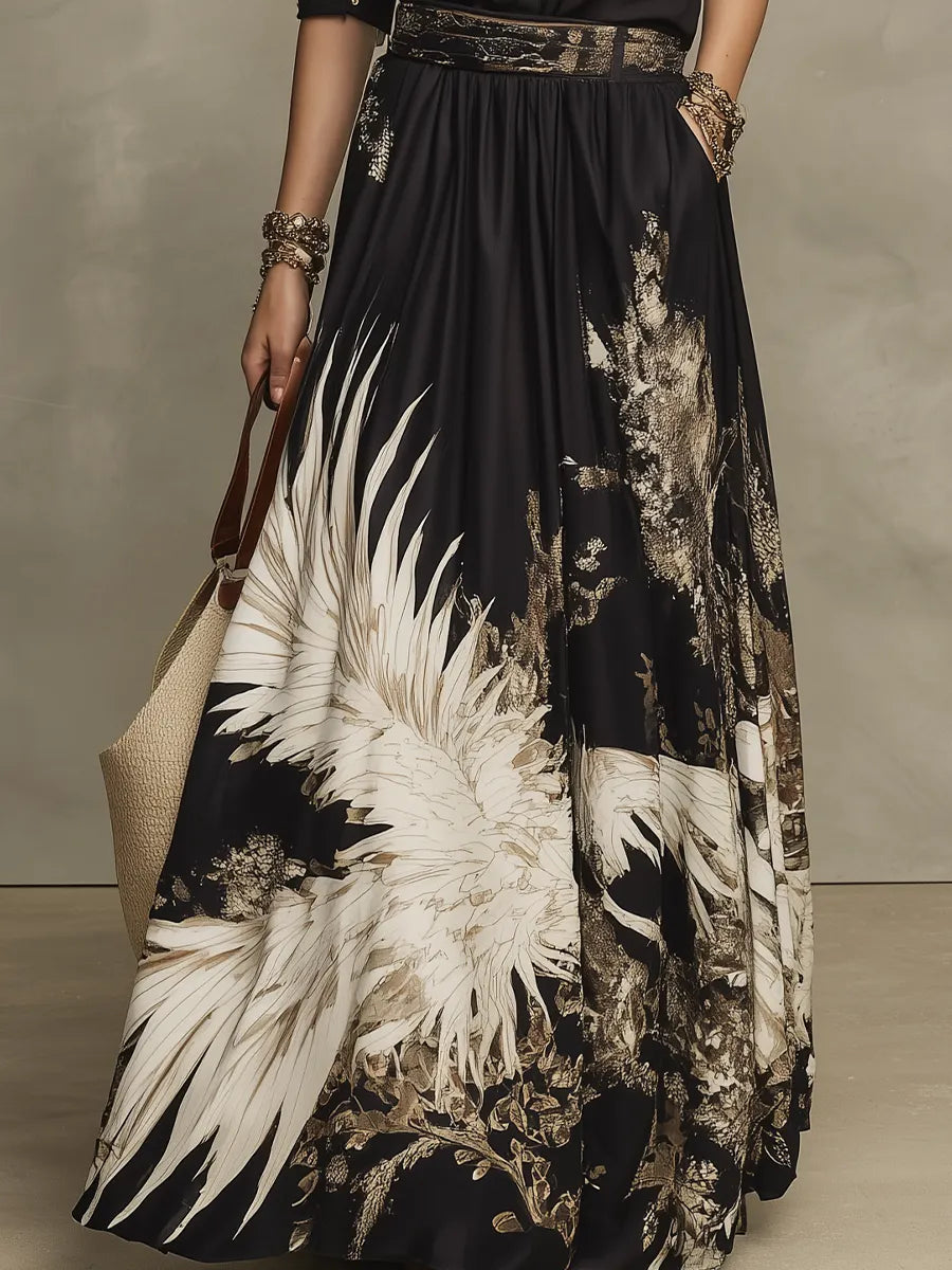 Elegant Black Artistic Print Blouse & Maxi Skirt Set