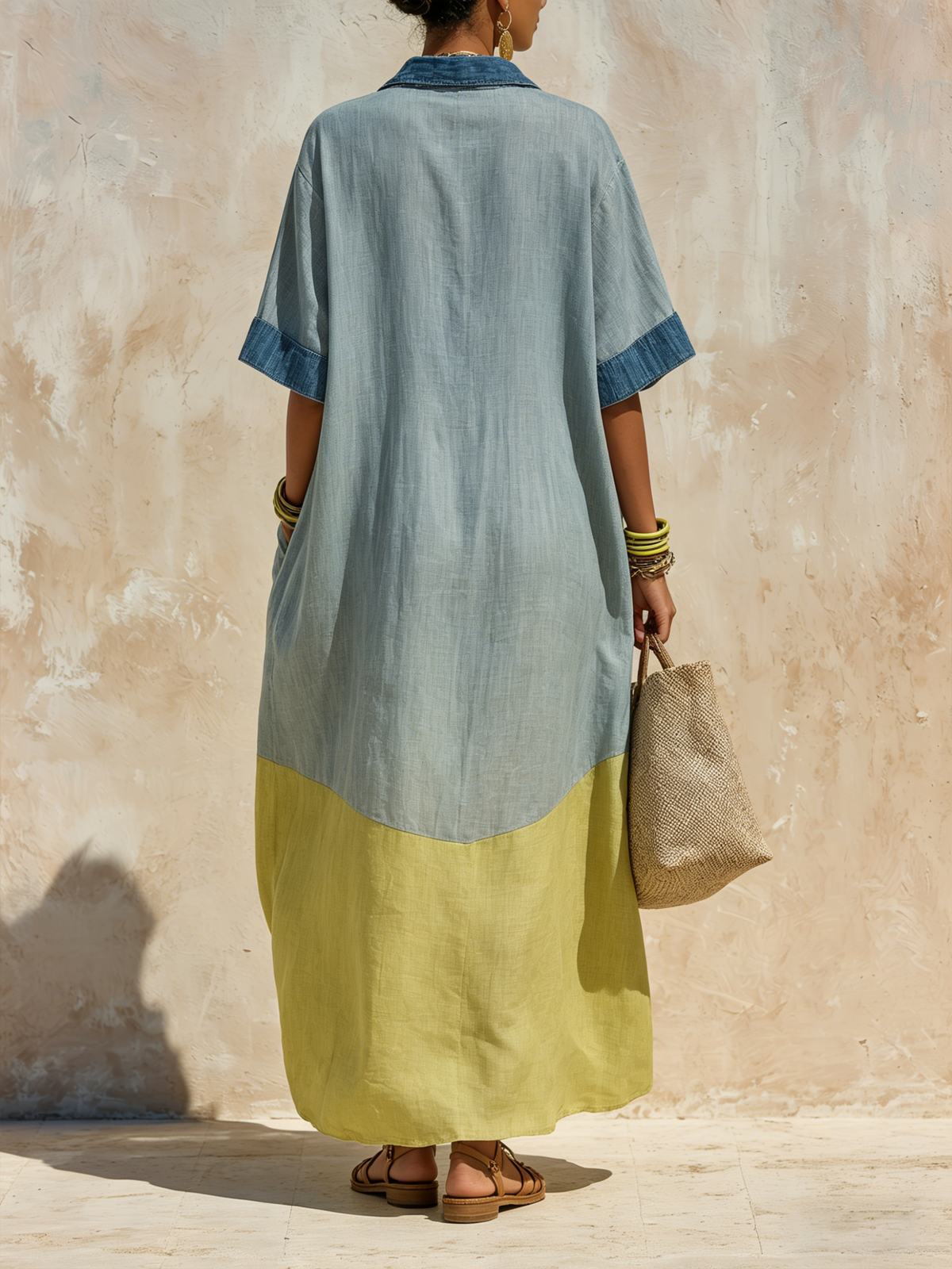 Oversized Denim Linen Maxi Dress - Breathable Two-Tone Casual Cover-Up