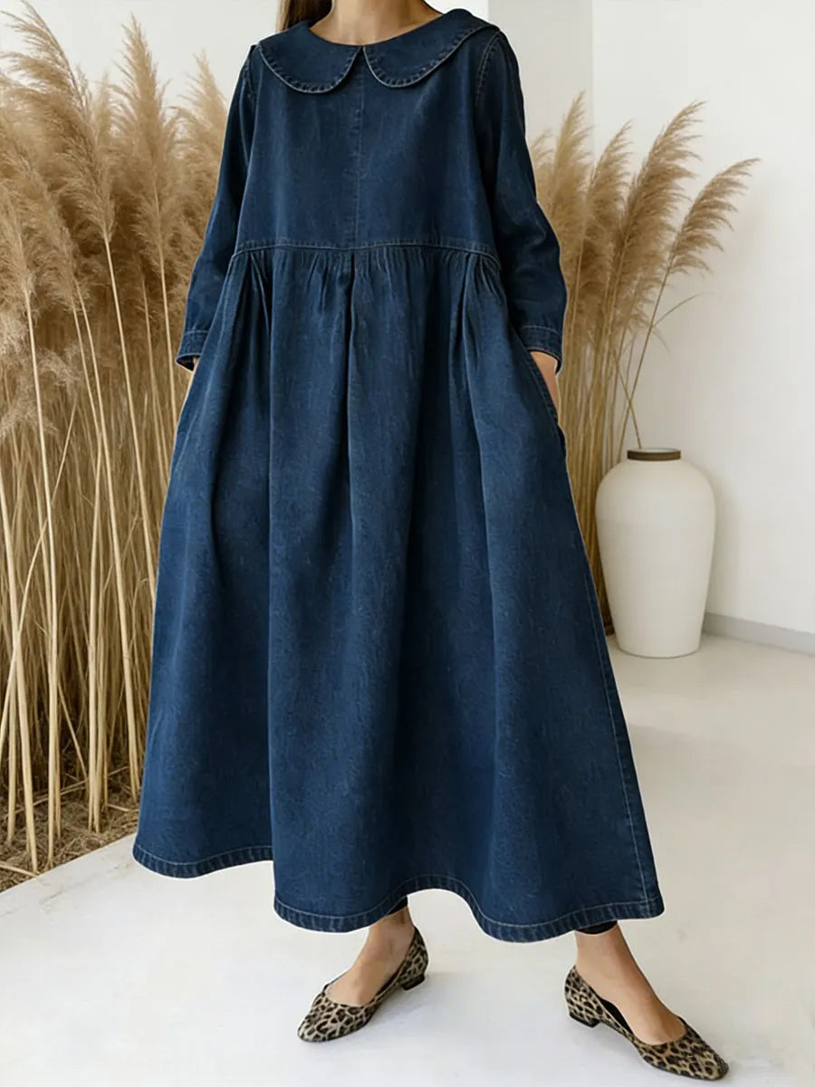Women's Peter Pan Collar Long-sleeved Loose-fitting Casual Denim Dress