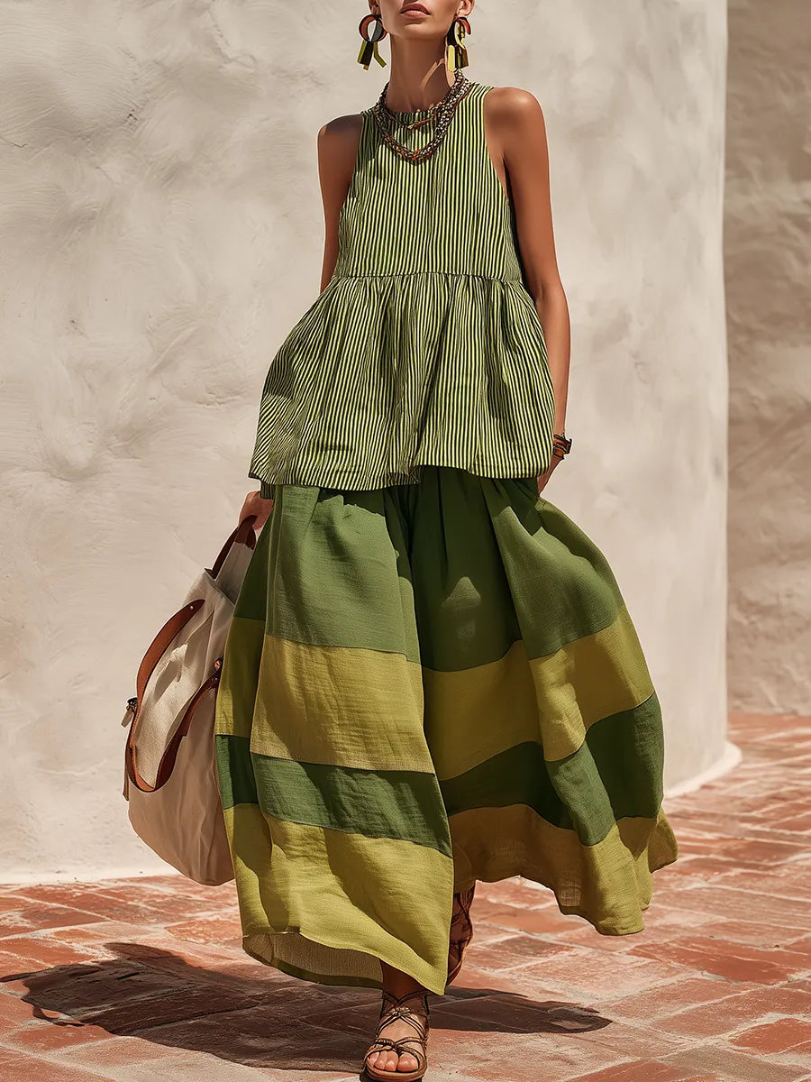 Retro-chic Striped Top And Color-blocked Wide-leg Pants